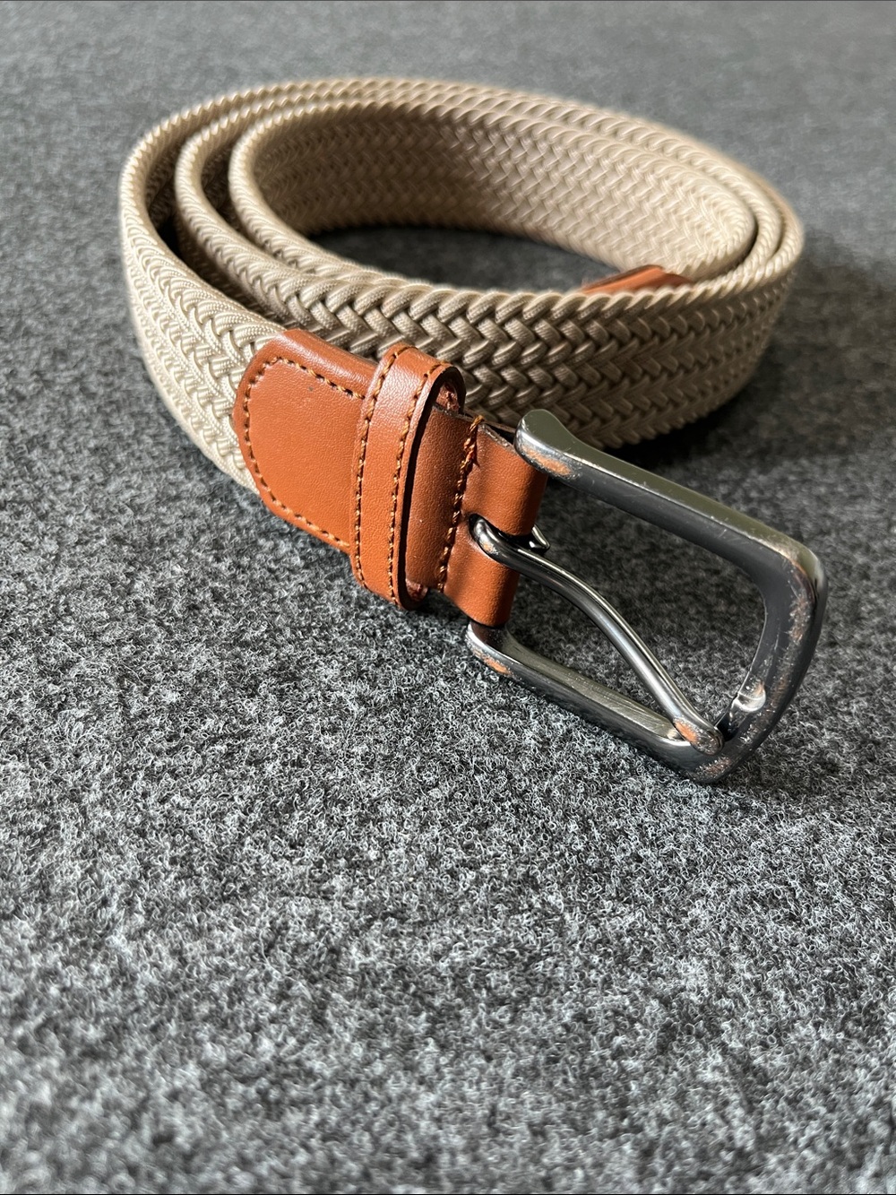 Stretch Woven Elastic Belt in Beige with Brown Leather Trim